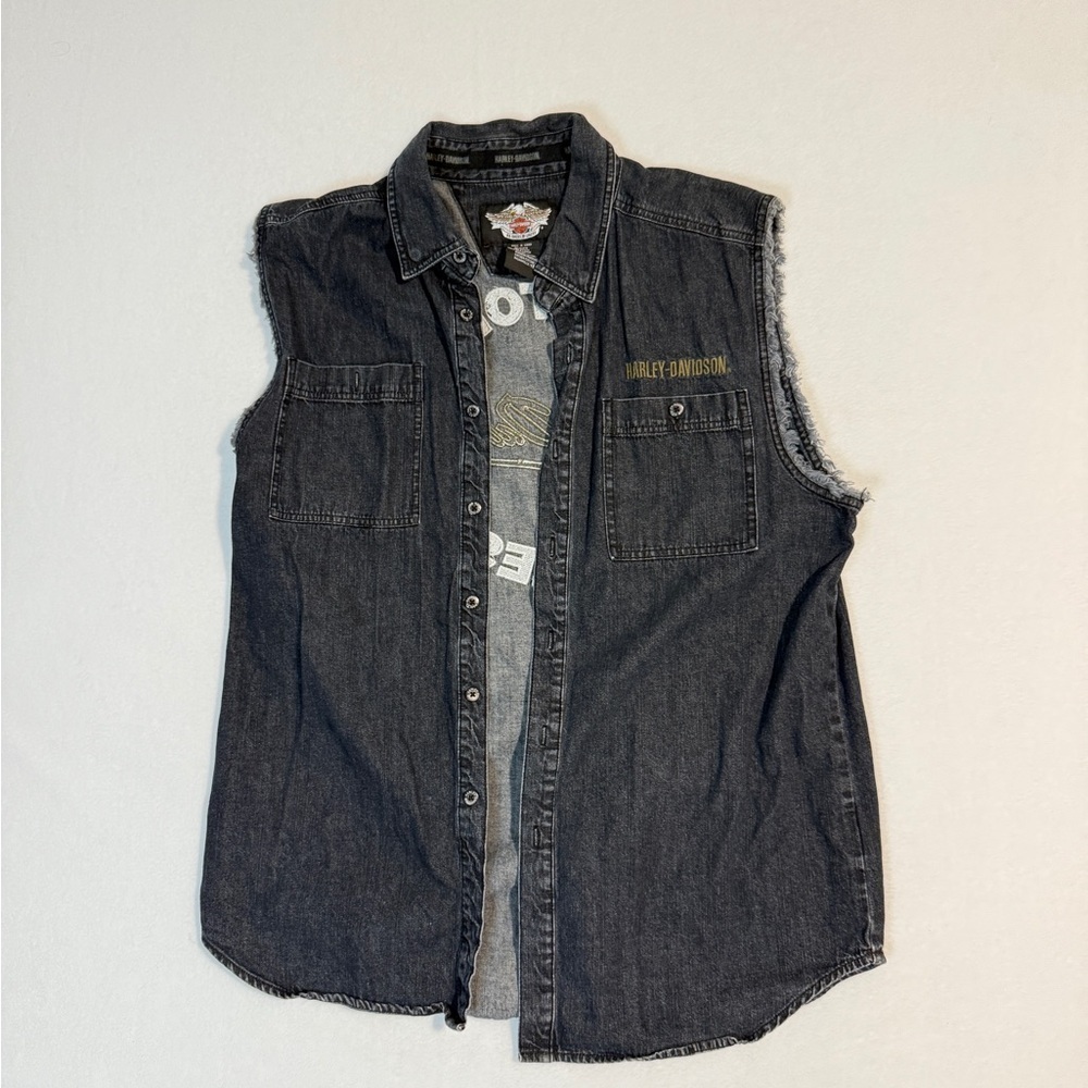 Vintage 05’ Harley-Davidson Black Denim Vest Size L - Picture 1 of 5